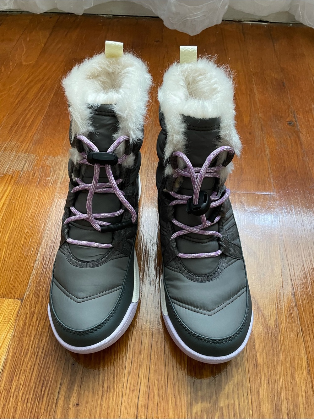 Sorel Kids Black Winter Boots with Cream Faux Fur and Pink Laces